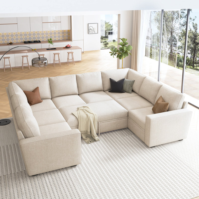 Niyona U-Shaped Modular Sofa Bed Convertible Sleeper Sectional, Beige Polyester