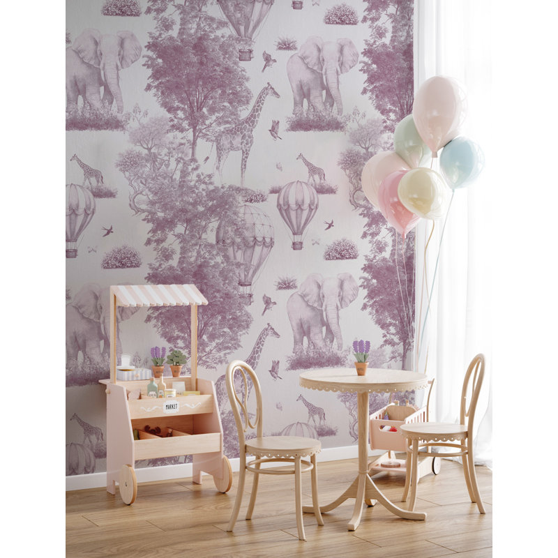Motif de papier peint pour chambre d'enfant avec animaux safari roses et montgolfières, L 200 x L 110, Vinyle
