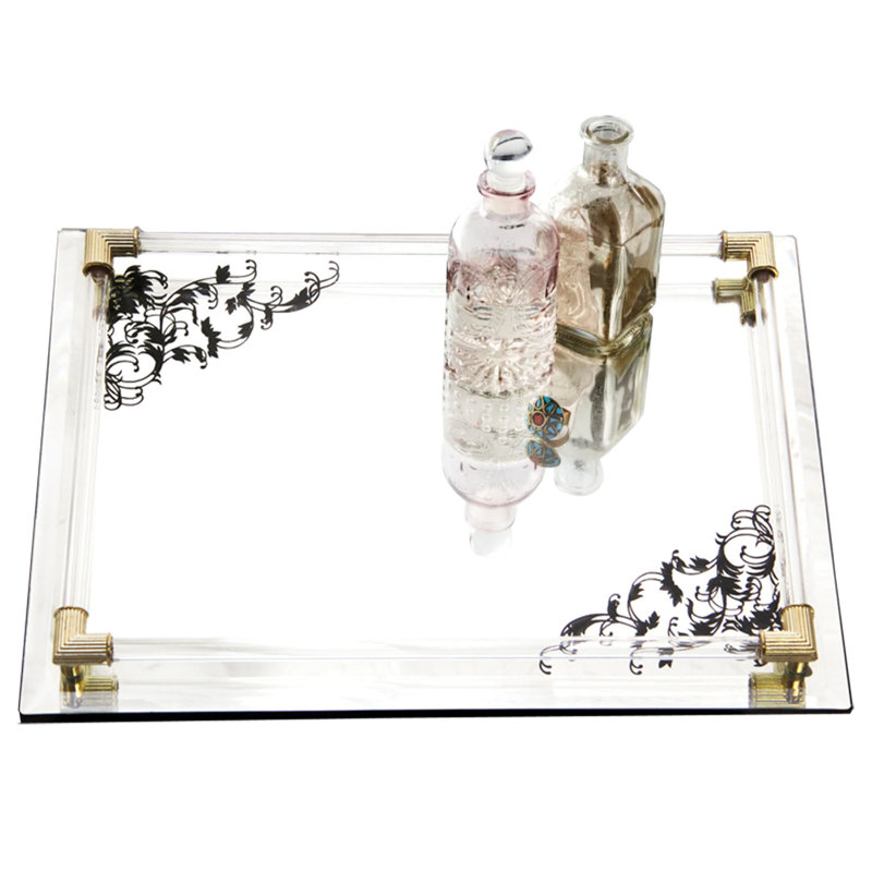 Chaley Mirror Vanity Tray With Black Scroll And Gold Accents, 12" x 9"