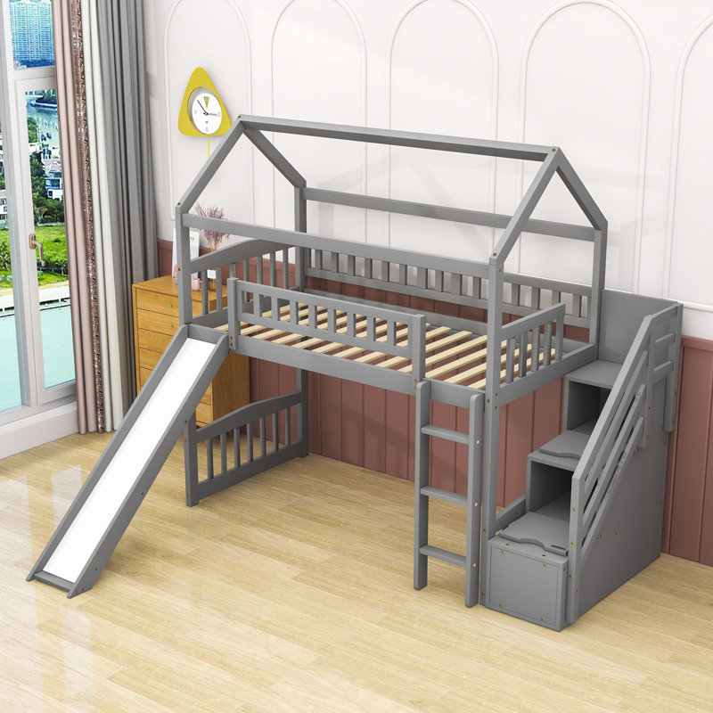 Lit mezzanine simple avec glissade et escalier de rangement Phillippi Kids, gris