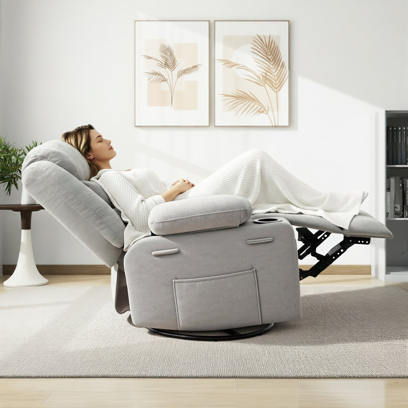 Extendable Armrest Swivel Glider Chair, 360° Rotation Rocking Chair With Cup Holders & Side Pockets, Gray Chenille