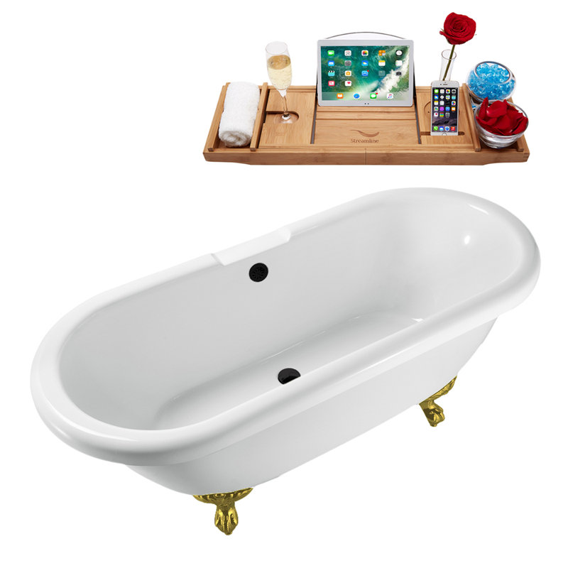 67" Streamline Clawfoot Soaking Acrylic Bathtub With Drain, Clawfeet, and Bamboo Tray, Matte Black, Brushed Gold
