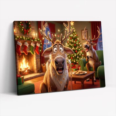 Ensemble de 1 tableau sur toile tendue représentant une scène de Noël avec des rennes (dessin animé)