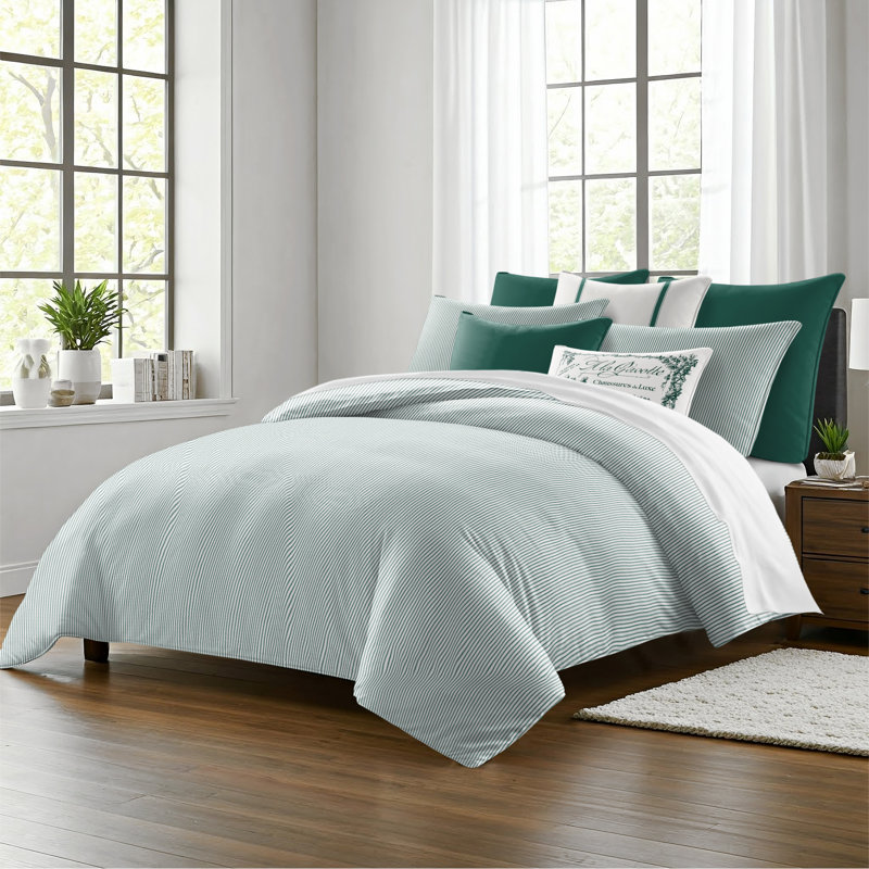 Jaxon Stripe Cotton Reversible Coverlet Set, Cal.King Coverlet/Bedspread + 2 King Shams, Evergreen