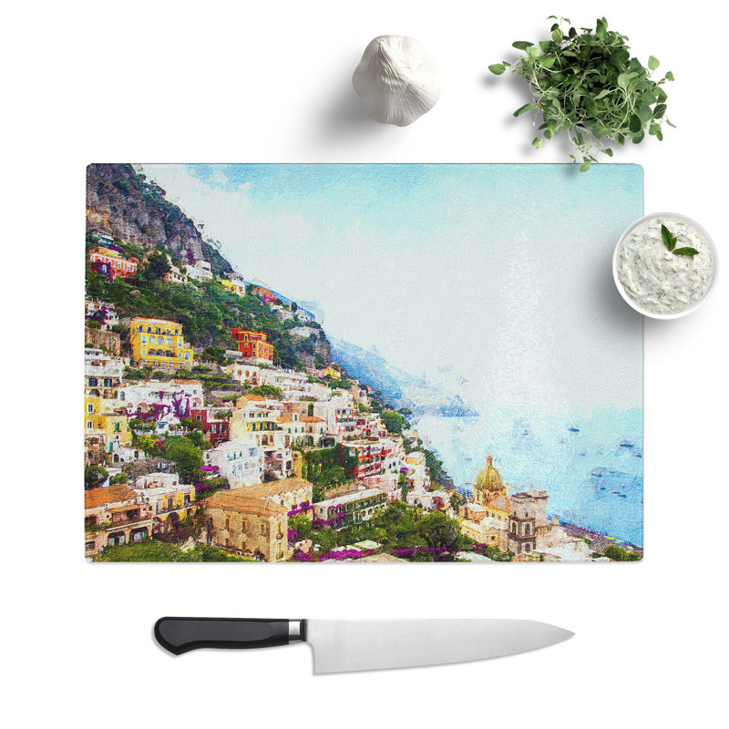 Tempered Glass Positano on the Almalfi Coast in Italy Chopping Board, 39 cm W x 28.5 cm L