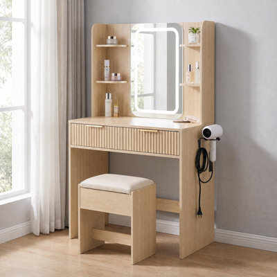Makeup Vanity Table with Lighted Mirror, Charging Station, 2 Drawers, Stool