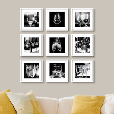 SIGNLEADER Wall Art Collage Gallery Print Frame Set Black White Wine Champagne Glass Food Drinks Photography Modern Art Minimal Culinary Celebrations