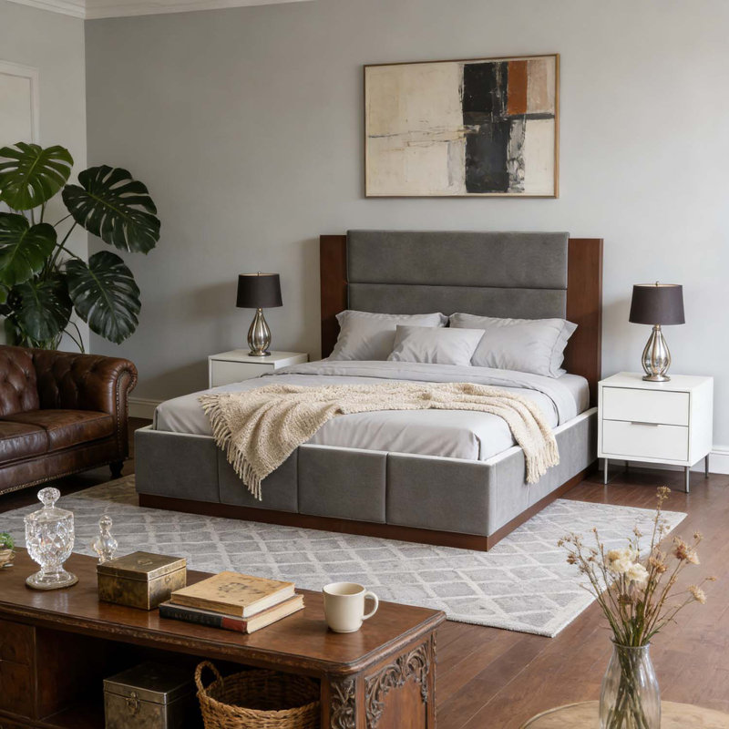 Lit plateforme tapissier moderne avec tête de lit en bois allongée, aucun sommier requis, Gris, Très grand lit