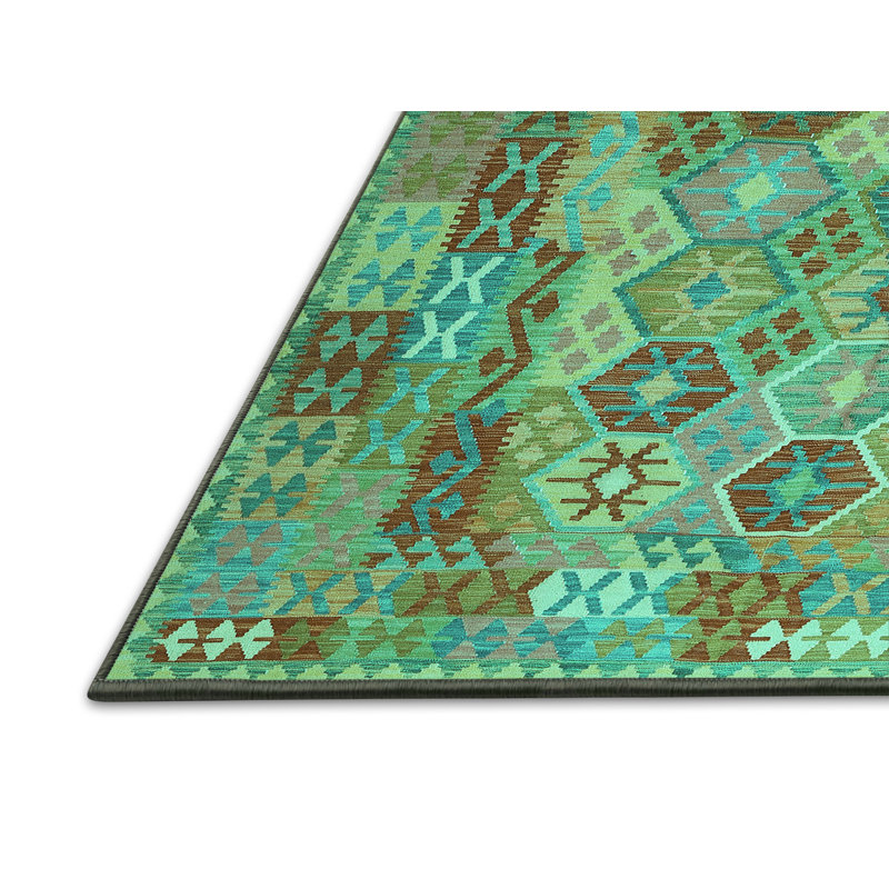 Tapis bleu / vert / brun en laine / polyester tissé à la machine Southwestern