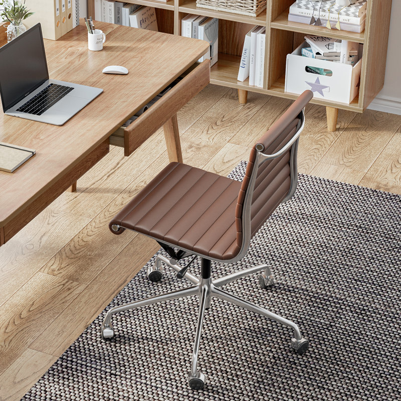 Fauteuil de conférence en cuir véritable à dossier moyen avec structure et roues en aluminium, fauteuil de bureau pivotant sans accoudoirs, fauteuil de bureau en cuir fleur