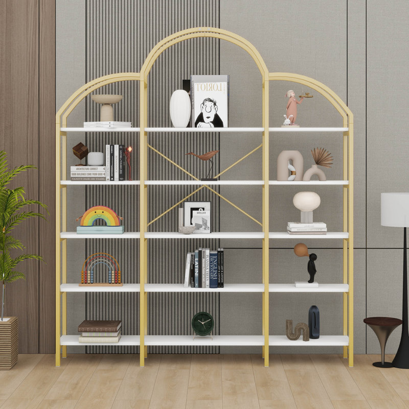 Modern Display Shelf Curved Top 5-Tier Bookshelf Open Storage Organizer X-Bar Frame Spacious Bookcase