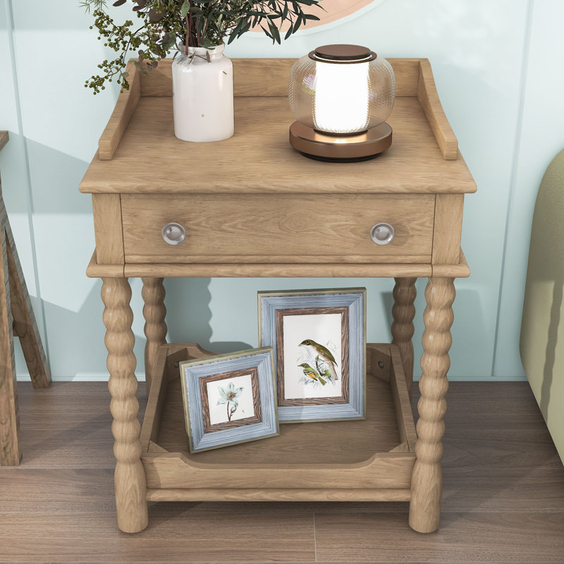 Retro Nightstand with Drawer and Shelf for Bedroom, Natural
