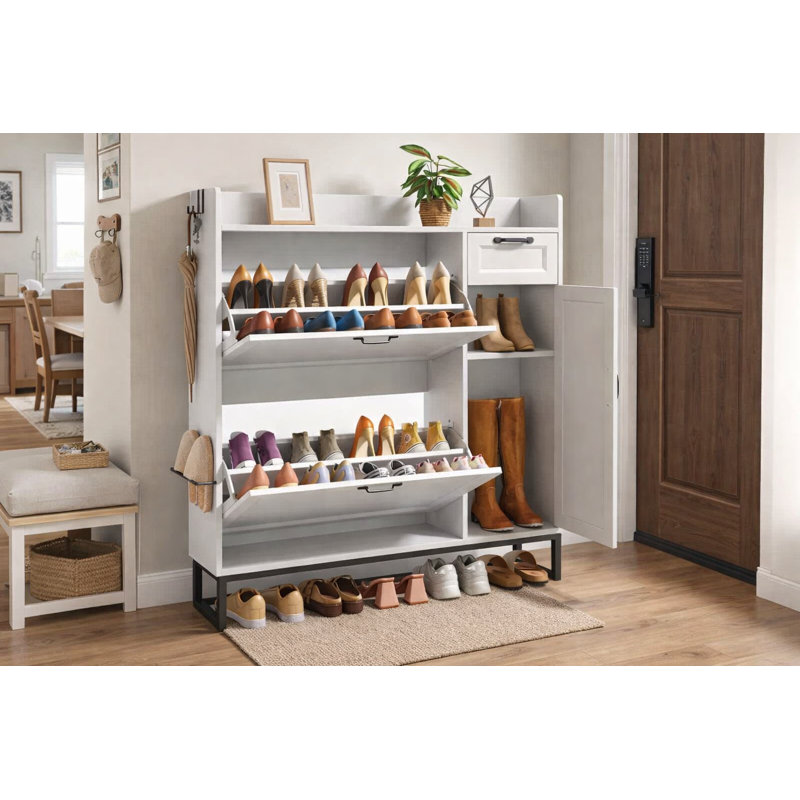 25-Pair White Shoe Storage Cabinet – Two Flip-Down Drawers, Side Cabinet & Hooks