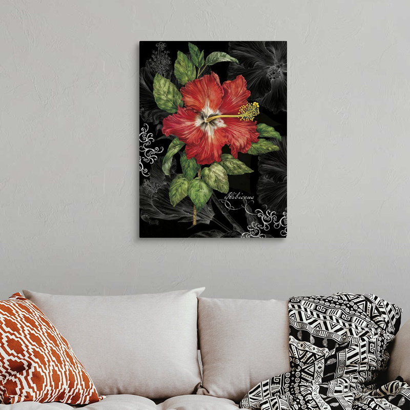 Hibiscus rouge sur toile noire, art mural, Toile tendue, H 32 po x l 24 po x P 1,25 po
