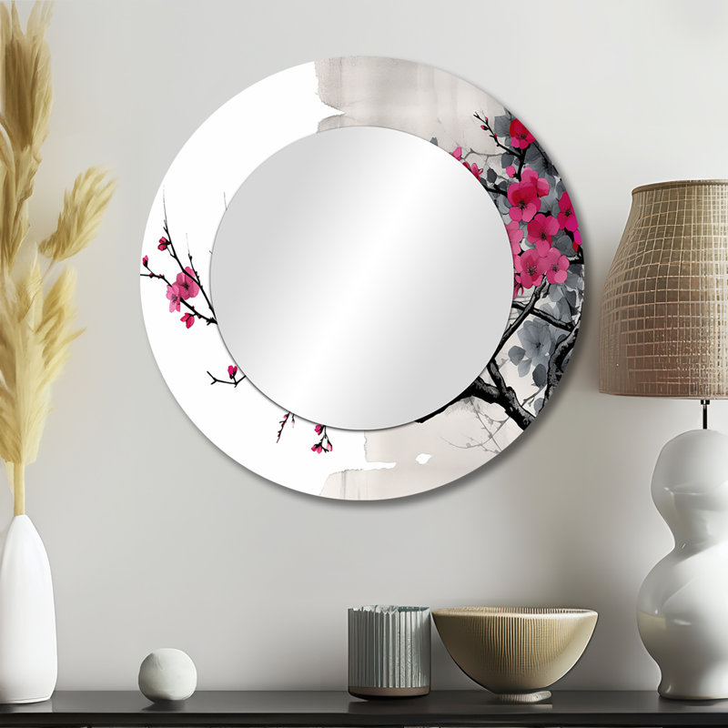 Asian Art Sumi Blossom II - miroir d'art asiatique, miroir mural unique rond, impression sur métal, 23 po x 23 po