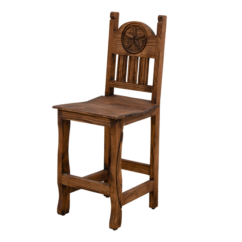 Tabouret de bar avec siège en bois et étoile sculptée, Tabouret de bar (siège d’une hauteur de 30 po), Noyer