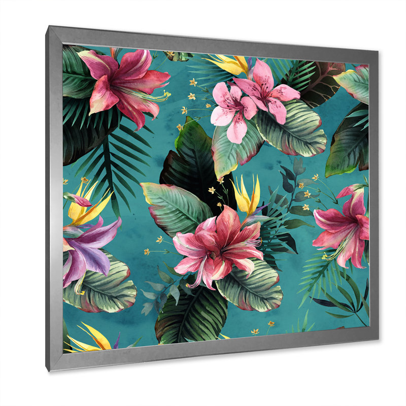 «Pink Tropical Flowers On Teal», reproduction d'art sur toile traditionnelle, H 16 po x l 16 po x P 1 po, Cadre photo argenté