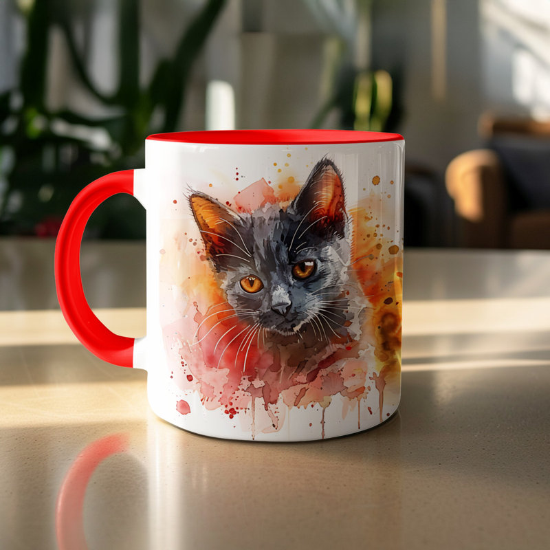 Cat Design 11oz Accent Mug – Ceramic Coffee Cup with Colored Handle and Interior, Red, 3