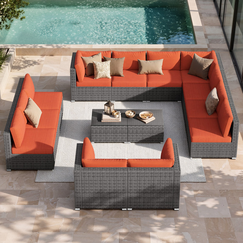 Riyonna 14-Piece Outdoor Wicker Modular Sectional Sofa Set with Tempered Glass Coffee Table and Cushions,Patio Conversation Set For Poolside,Terraces and Backyard