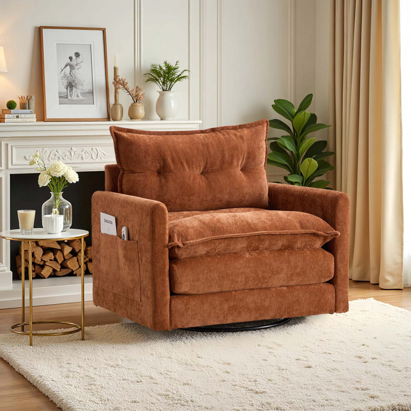 36" Chenille Upholstered Single Swivel Chair, Brown