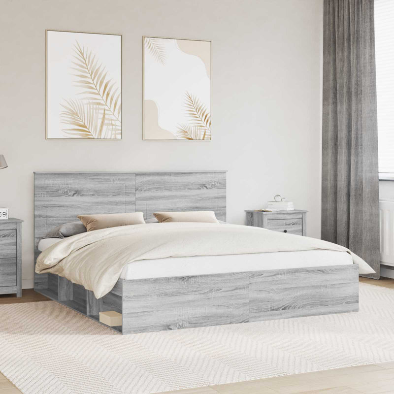 Solid Wood Bed, Super King (200 x 200 cm), Grey Sonoma