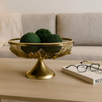 Modern Round Glass Decorative Bowl with Metal Floral Pedestal Stand -  Perfect Home Decor Accent Bowl for Table Centerpiece - 13", Gold