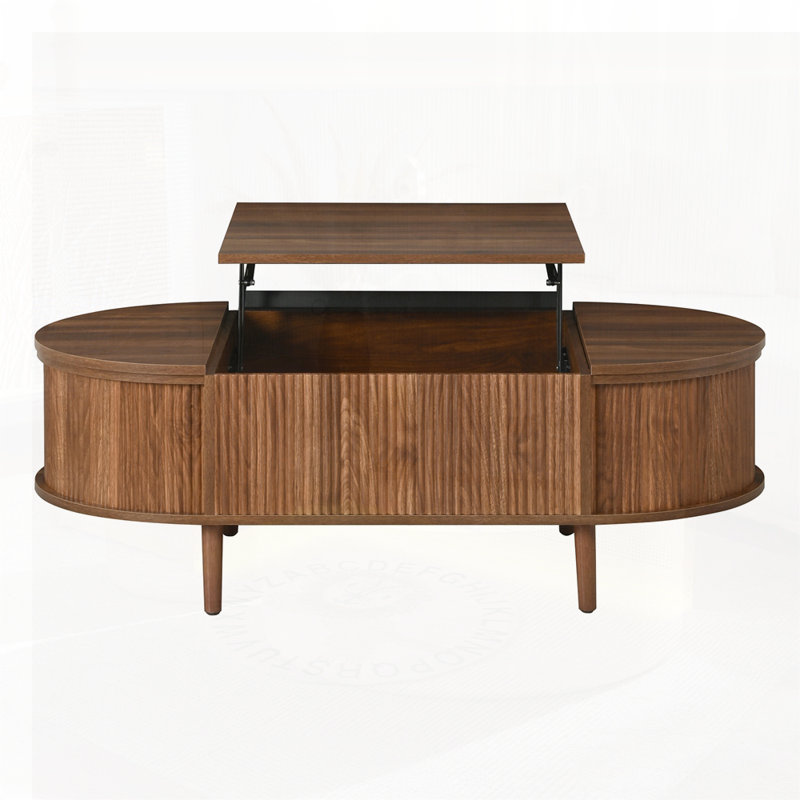Table basse ovale à plateau relevable avec rangement caché et finition grain de bois, Marron antique
