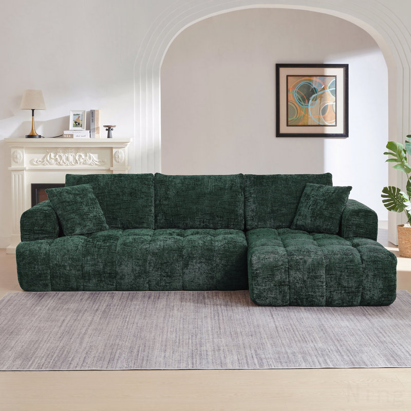 Chenille L-Shaped Tufted Modular Sectional Sofa for Living Room - Green, Right Hand Facing, Dark Green Chenille