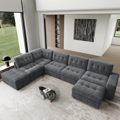 Corduroy 150.8 Inch Wide Large Livingroom Couch U-Shaped Sectional Modular Sofa
