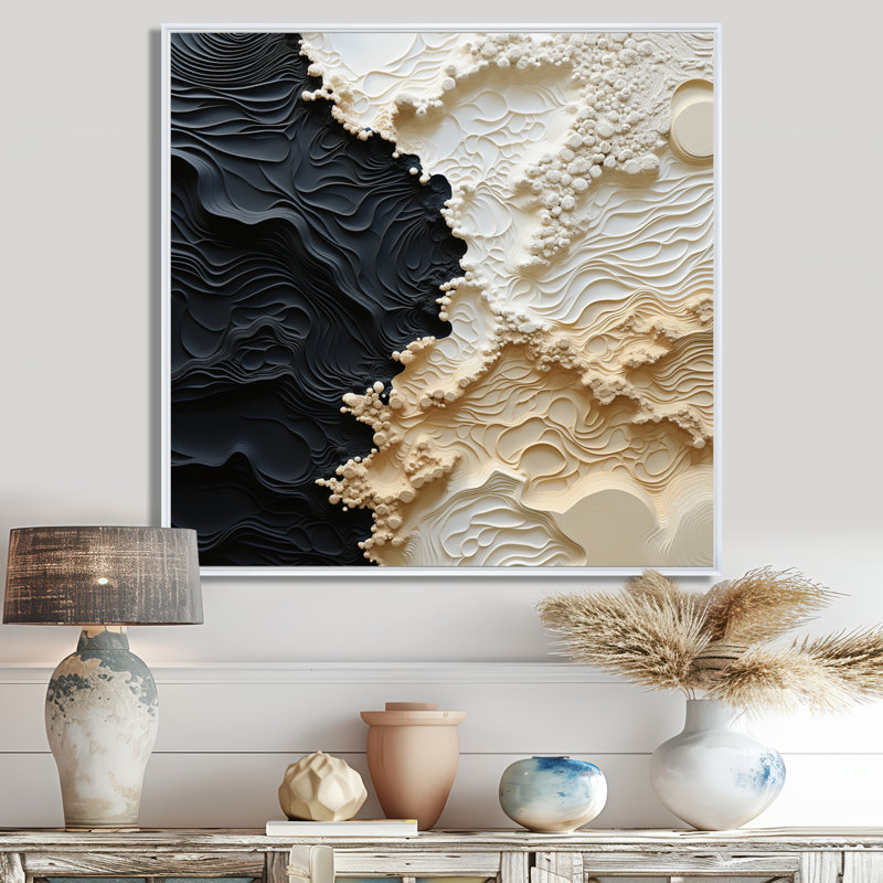 Abstrait crème et noir liquide, reproduction d'art sur toile côtière, 44" H x 44" W, Reproduction avec cadre flottant, Blanc
