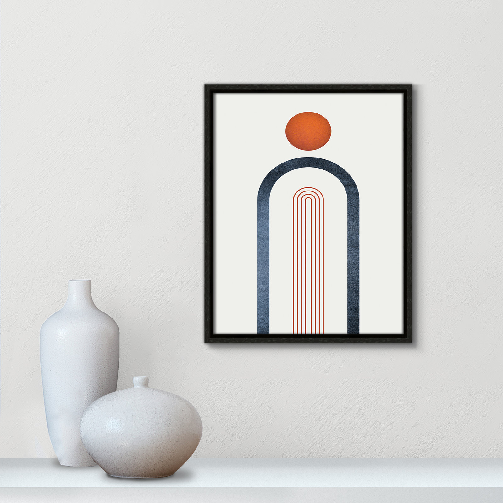 Minimalist Midcentury Orange Navy I by - Floater Frame Print on Canvas, Espresso Framed, 15.5" H x 12.5" W x 2" D