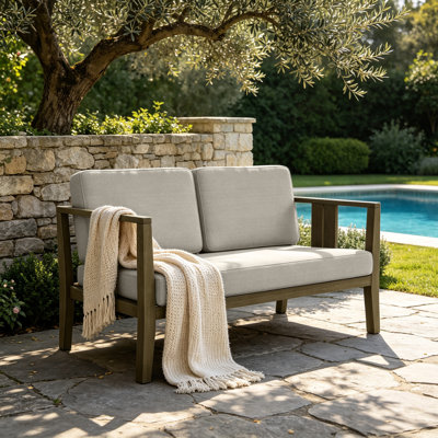 Causeuse d'extérieur en bois de teck avec coussin et accoudoirs Junco