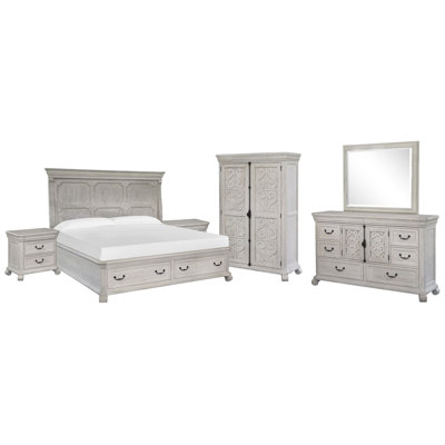 Queen Panel Storage Bed 2 Nightstands Drawer Dresser With Landscape Mirror And Armoire