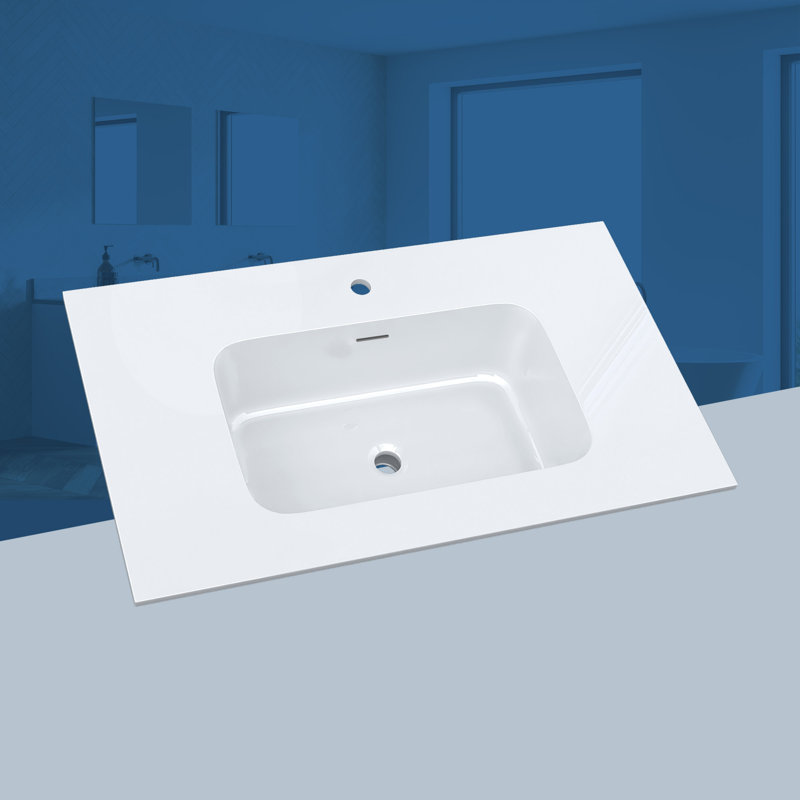36 Inch Solid Surface Bathroom Vanity Top with Integrated Sink, Slim 0.56" Thick Countertop, Bright White Modern Design, Lightweight & Easy Install