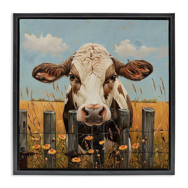 Cadre flottant Cow & Daisies, conception par LSR Creative Studio, Cadre flottant noir de jais, H 18 po x l 18 po