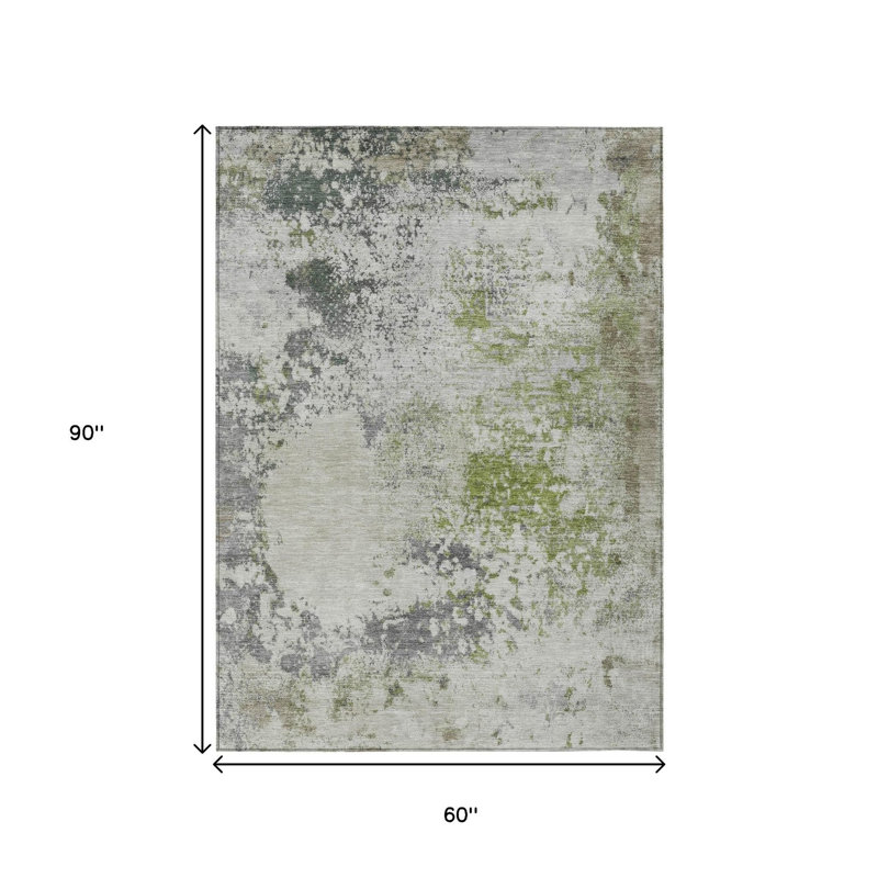 Tapis extérieur lavable abstrait 5 pi x 8 pi vert et beige en lin