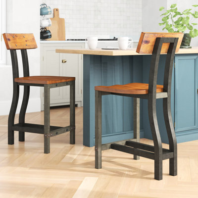Rustic Brown And Gunmetal Counter Height Chairs 2Pc, Industrial Wooden Furniture For Dining Chairs, 2Pc , Wood