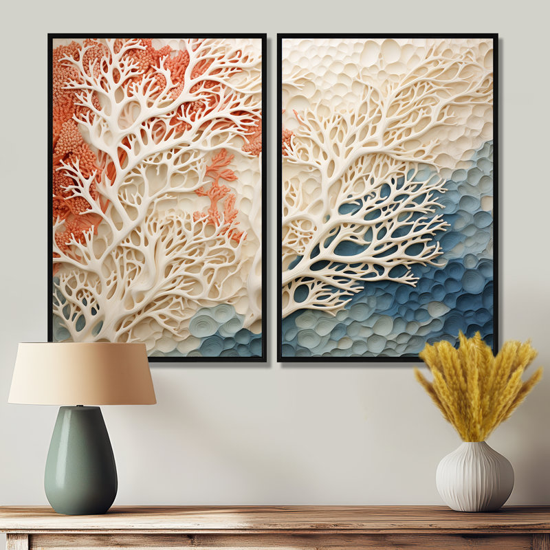 «Pink and White Coastal Coral Collage I», reproductions d'art sur toile 2 pièces, Noir, H 36 po x l 48 po