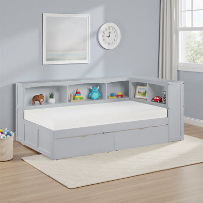 Manoel Transitional Wood Twin Bookcase Corner Platform Bed with Under Bed Storage Boxes, Dual-Sided Storage Headboard & Foundation-Free Design
