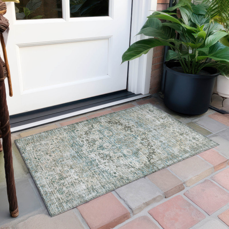 Machine Washable Indoor/Outdoor Xhevrie Sage Rug, Rectangle 1'8" x 2'6"