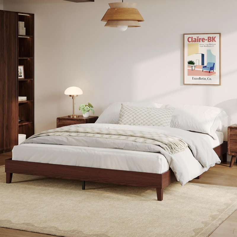 Queen Size Platform Bed Frame, Wood Construction, 9-Inch Height, Slat Support, No Headboard, Dark Walnut Finish, Modern Bedroom