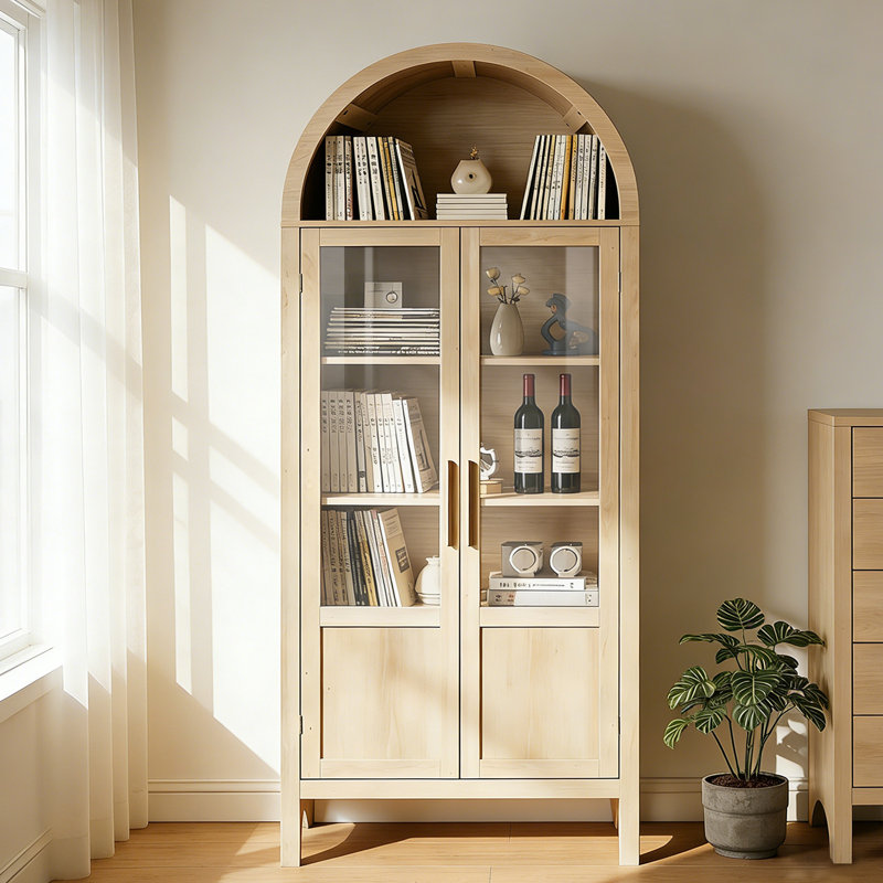 71" Tall Arched Wooden Display Cabinet with Doors, White Oak