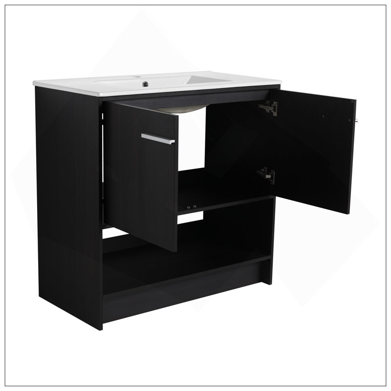 Meuble-lavabo polyvalent avec lavabo en céramique, 2 portes à fermeture douce, meuble-lavabo autoportant, contreplaqué, Noir
