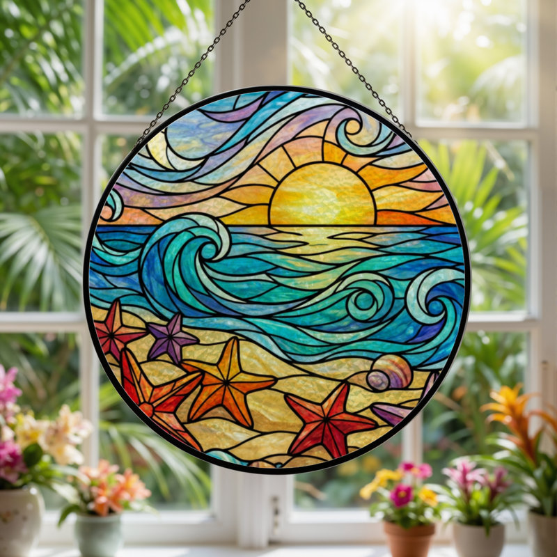 12"H Ocean Sunset Stained Glass Window Panel, 7.8" H x 7.8" W
