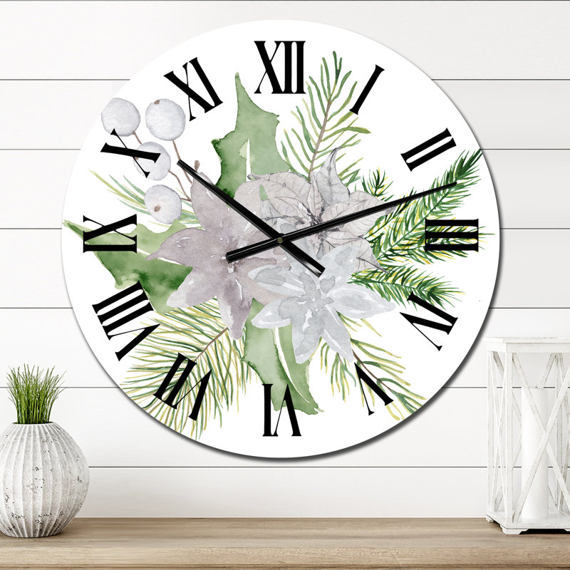 Horloge murale traditionnelle avec bouquet de Noël et branches de coton I, Moyen
