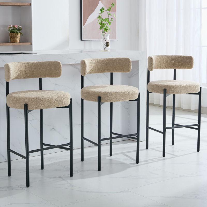 Tabouret de bar rembourré 30 po à dossier bas incurvé et structure en métal, Beige, 3