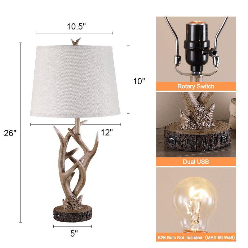 26" Rustic Farmhouse Resin Antler Table Lamp with USB Ports