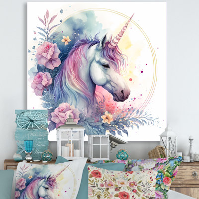 Cute Pastel Unicorn Surrounded by Flowers III - Print on Canvas