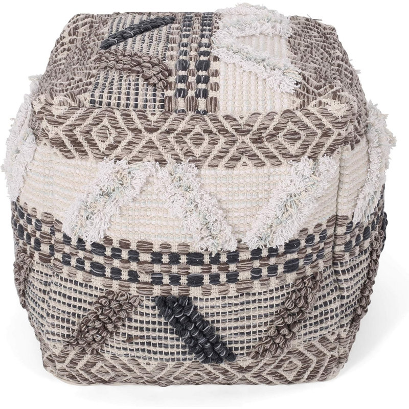 Pouf de repose-pieds, 16 po, design Boho, laine tissée beige blanche, bourre de perles