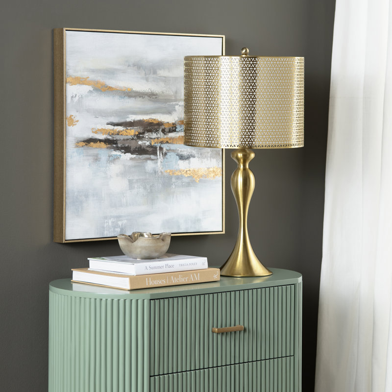 Set Of 2 Steel Table Lamps with Metal over Linen Double Drum Shade, Gold